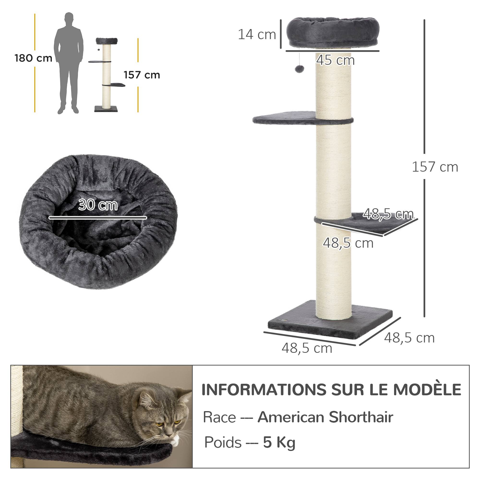 Pawhut - Arbre à chat griffoir sisal naturel 2 plateformes panier observation jeu boule suspendue peluche grise - Imagen 3