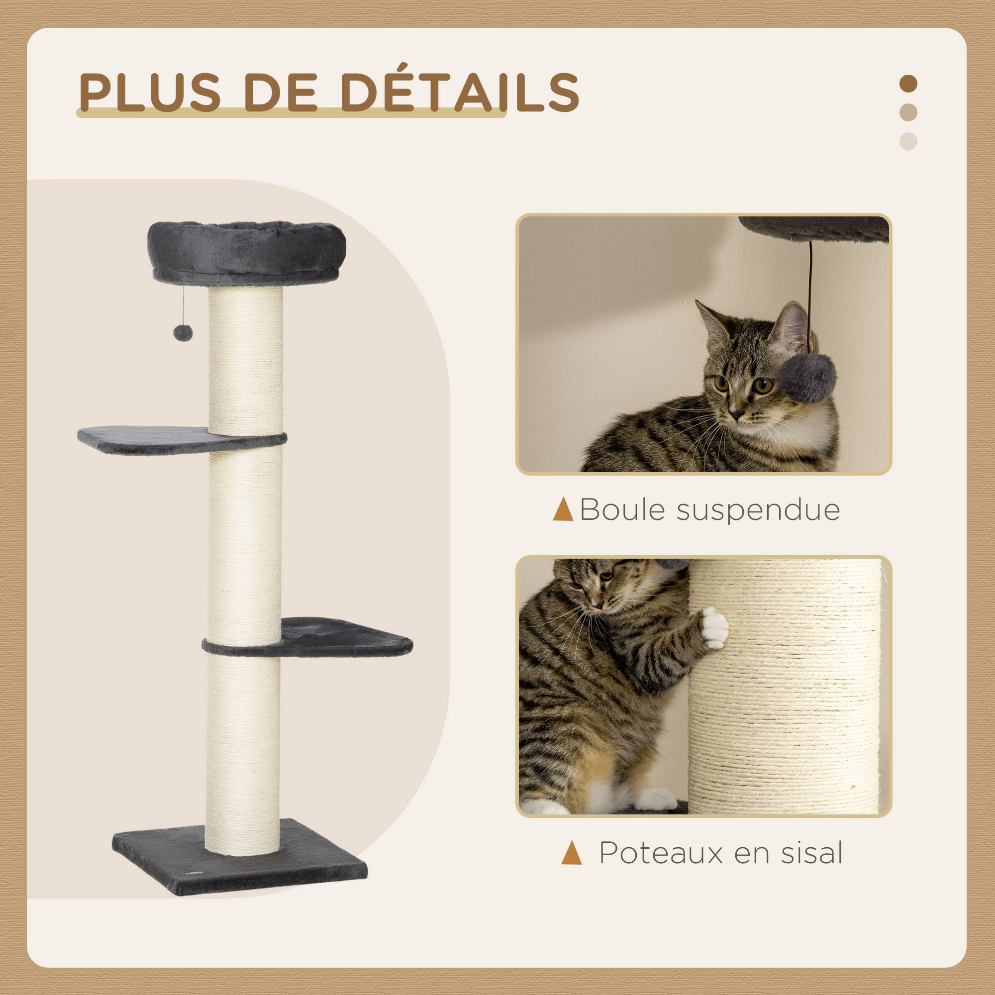 Pawhut - Arbre à chat griffoir sisal naturel 2 plateformes panier observation jeu boule suspendue peluche grise - Imagen 5