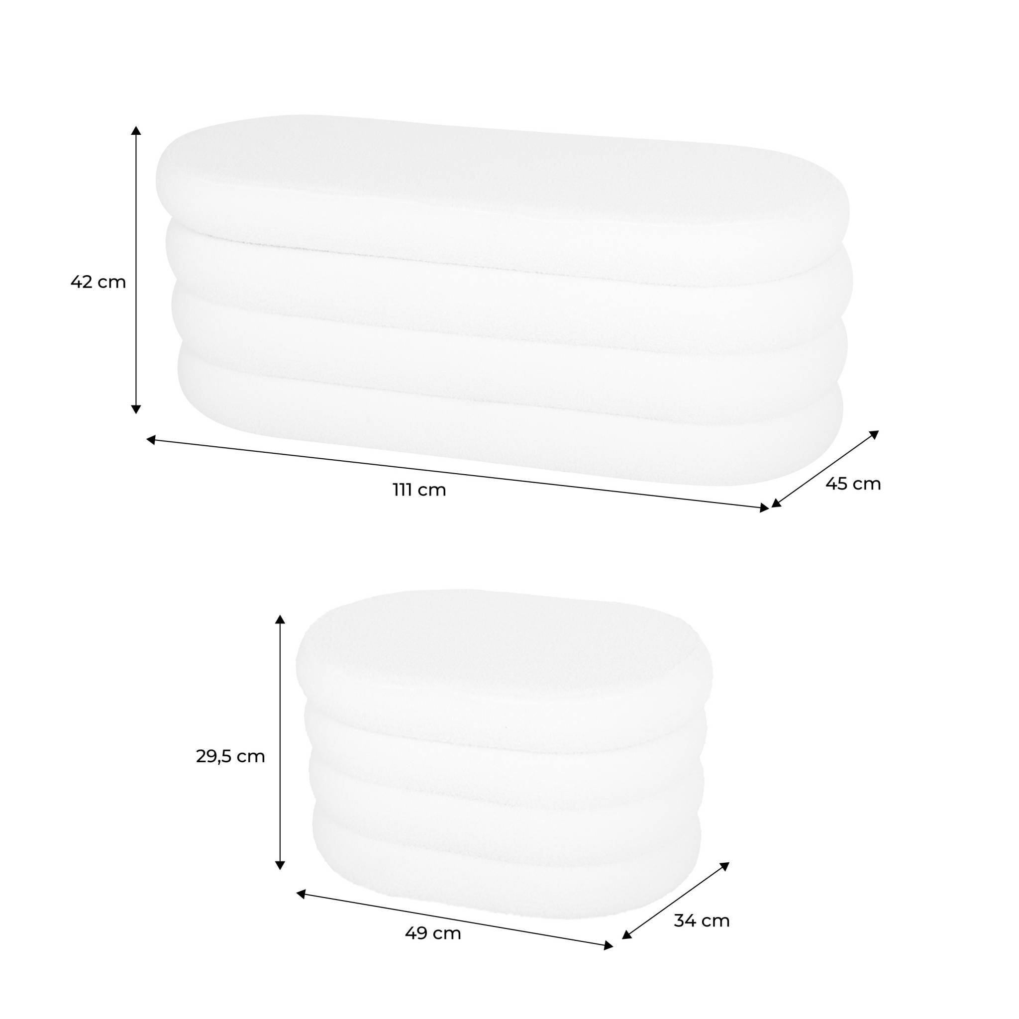 sweeek - Banc coffre en bouclettes blanches avec 2 poufs ovales de rangement intégrés - L111cm | sweeek - Image 3