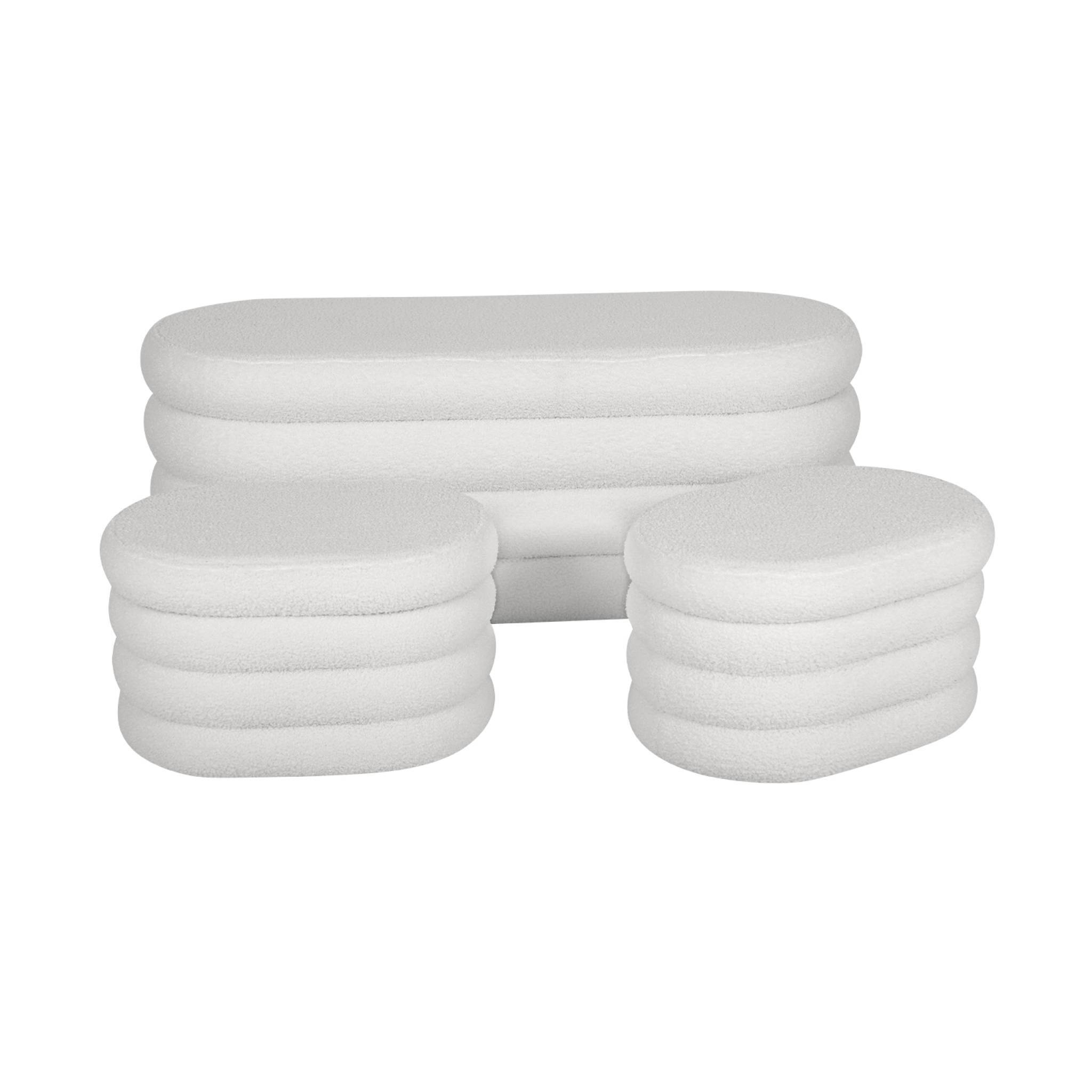 sweeek - Banc coffre en bouclettes blanches avec 2 poufs ovales de rangement intégrés - L111cm | sweeek - Image 2
