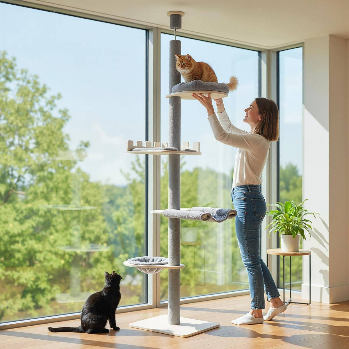 Arbre à Chat Ajustable du Sol au Plafond à 5 Niveaux Tour pour Chats 236-271cm de Hauteur - Image 3