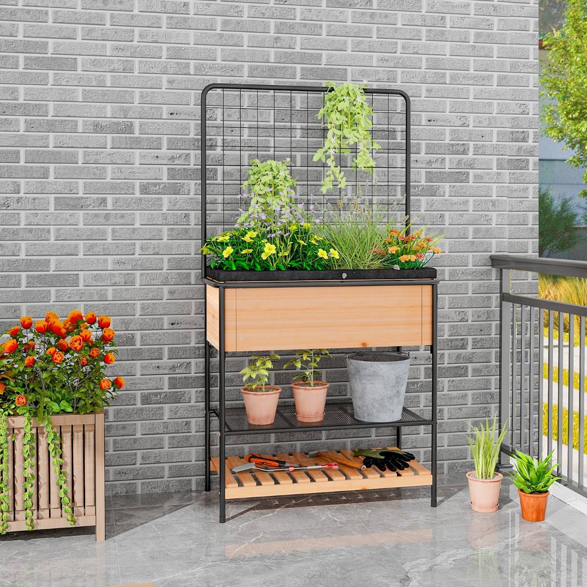 Helloshop26 - Jardinière surélevé en bois avec treillis séparateur amovible à 8 grilles étagère à 2 niveaux cadre en métal 80 x 38 x 150 cm naturel - Imagen 2