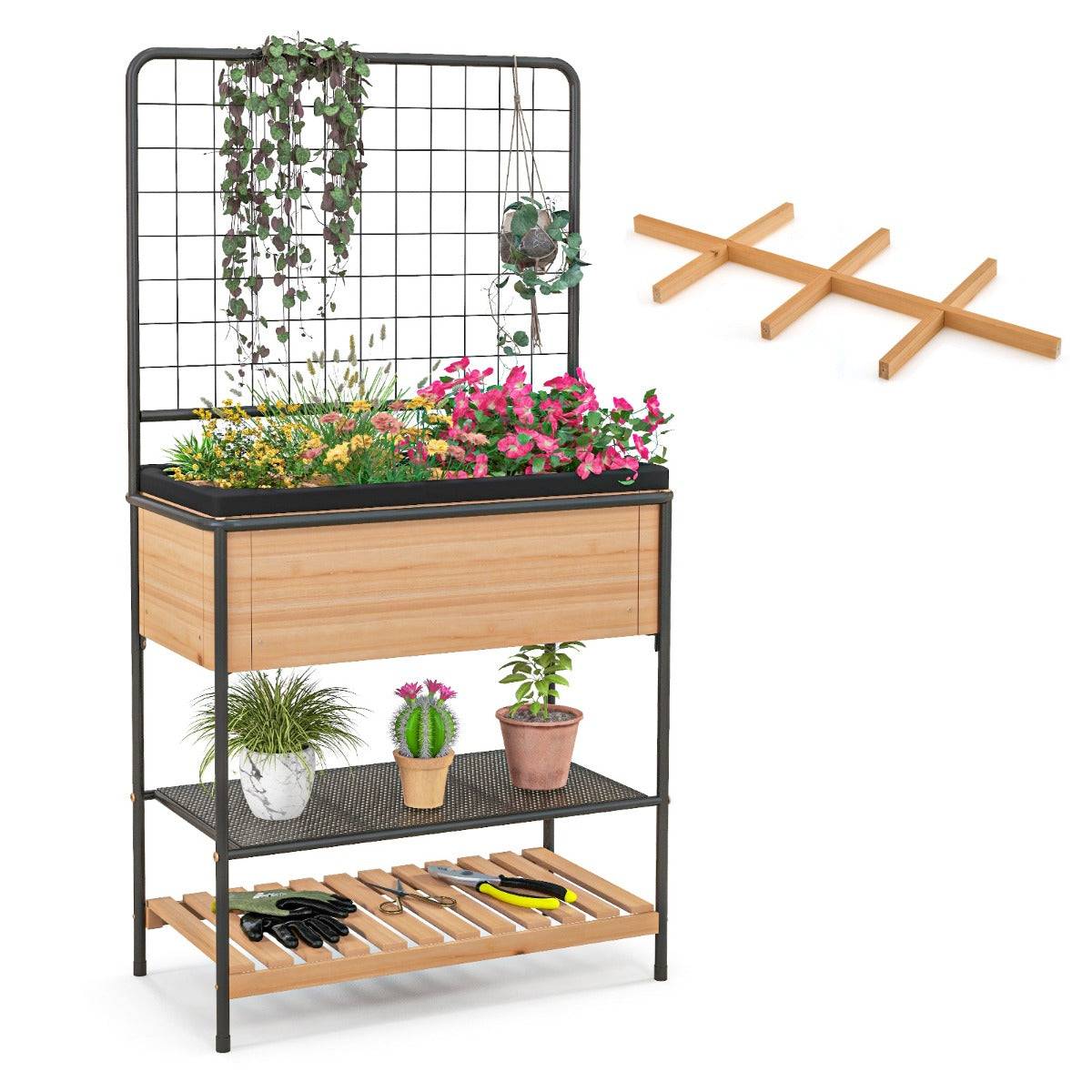 Helloshop26 - Jardinière surélevé en bois avec treillis séparateur amovible à 8 grilles étagère à 2 niveaux cadre en métal 80 x 38 x 150 cm naturel - Imagen 1