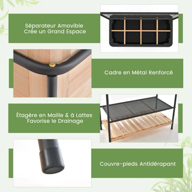 Helloshop26 - Jardinière surélevé en bois avec treillis séparateur amovible à 8 grilles étagère à 2 niveaux cadre en métal 80 x 38 x 150 cm naturel - Imagen 3