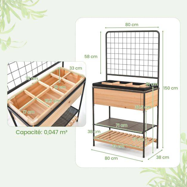 Helloshop26 - Jardinière surélevé en bois avec treillis séparateur amovible à 8 grilles étagère à 2 niveaux cadre en métal 80 x 38 x 150 cm naturel - Imagen 4