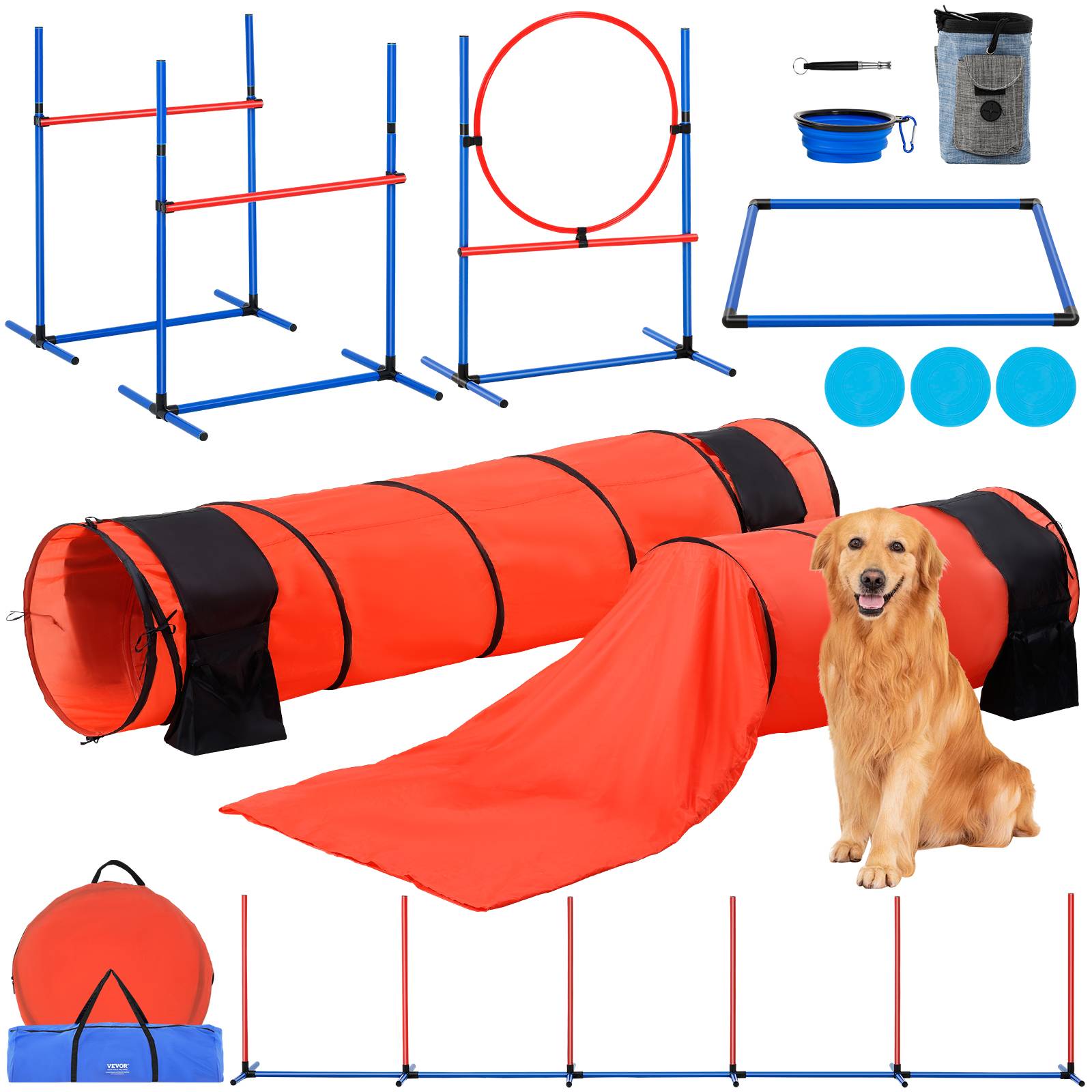 VEVOR Kit équipements agilité chien, 7 pièces. Haies, tunnels, anneau saut.