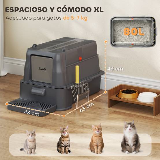 Litière chat acier inoxydable XL couvercle rabattable 180° côtés hauts pédale pelle gris foncé - Image 7