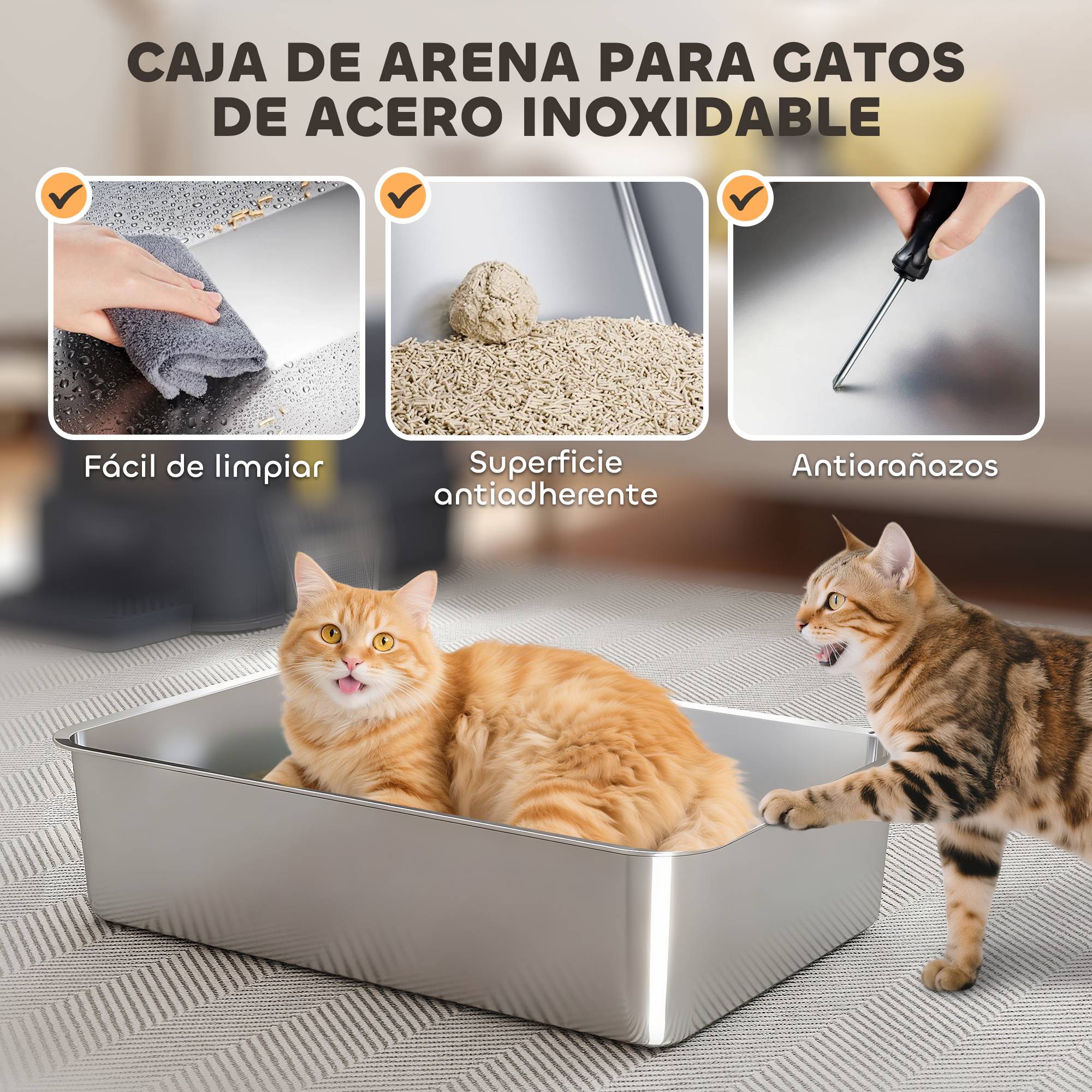 Litière chat acier inoxydable XL couvercle rabattable 180° côtés hauts pédale pelle gris foncé - Image 8