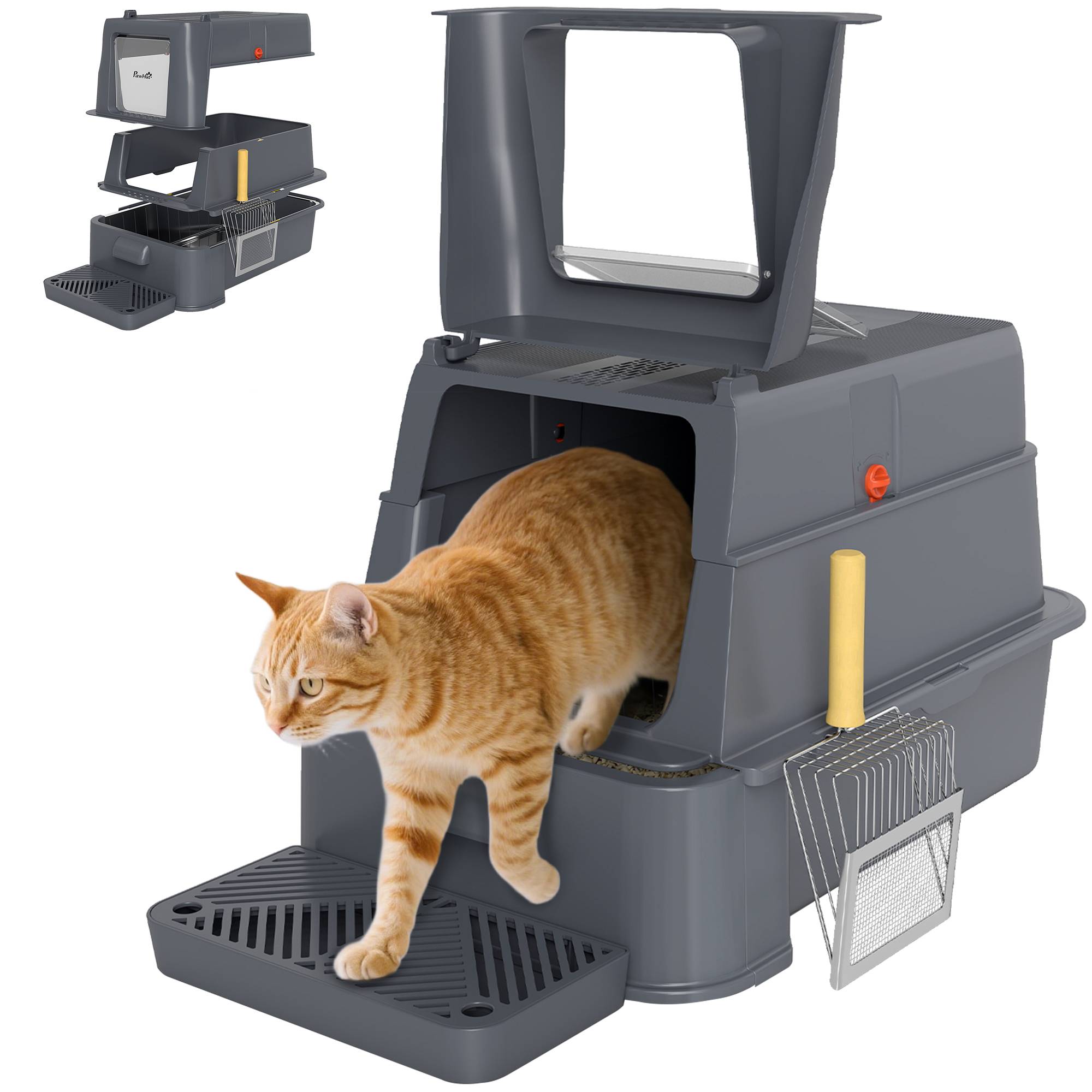 Litière chat acier inoxydable XL couvercle rabattable 180° côtés hauts pédale pelle gris foncé - Image 1