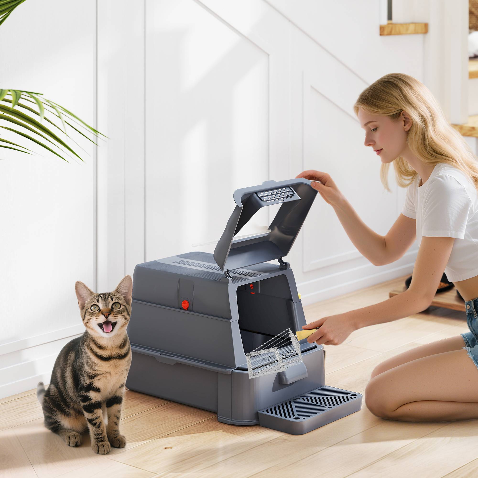 Litière chat acier inoxydable XL couvercle rabattable 180° côtés hauts pédale pelle gris foncé - Image 3