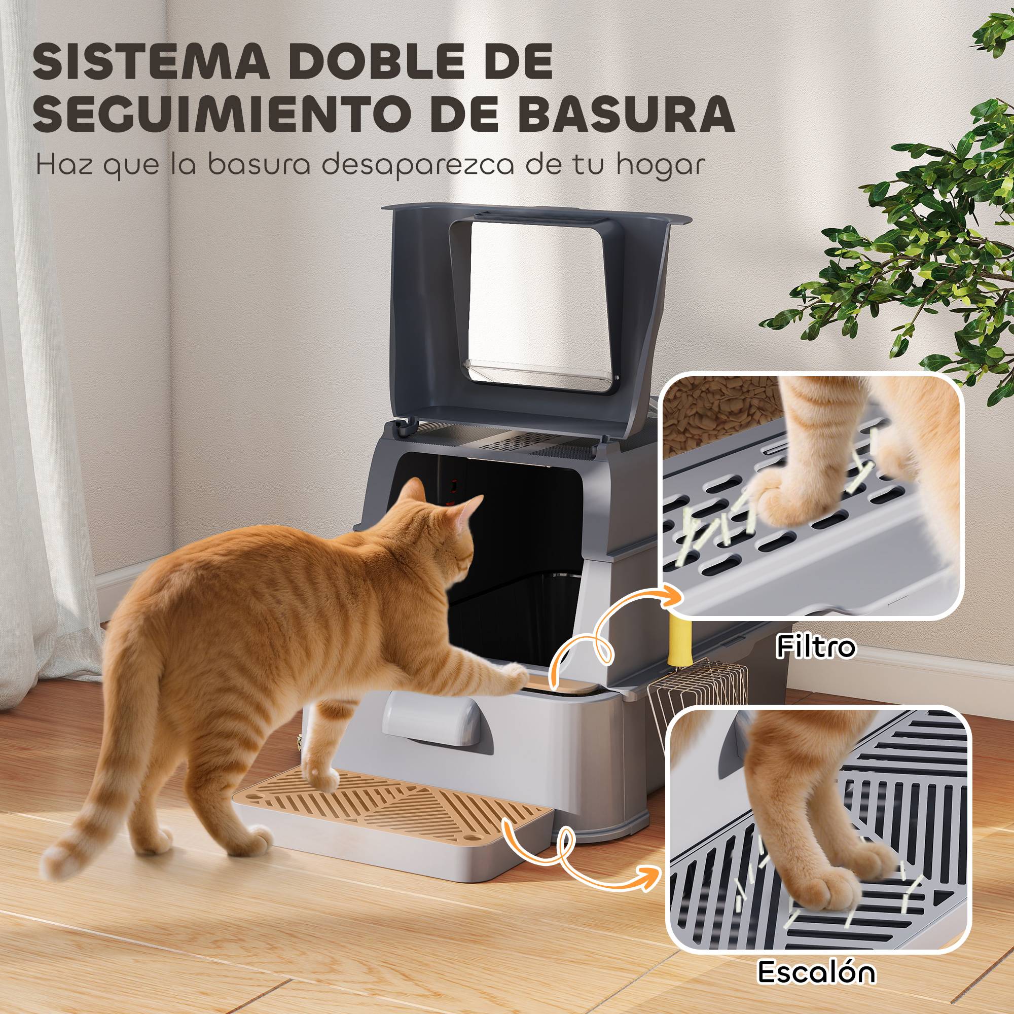 Litière chat acier inoxydable XL couvercle rabattable 180° côtés hauts pédale pelle gris foncé - Image 10