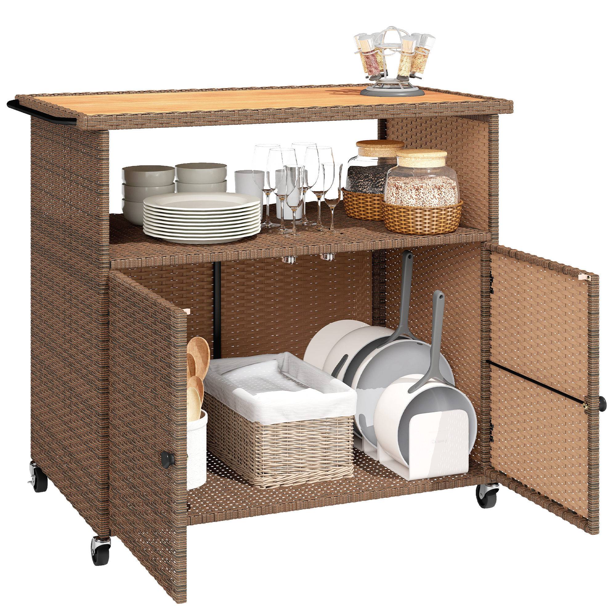 Desserte de jardin résine tressée et bois marron 95 x 54 x 84 cm - PANGIVO