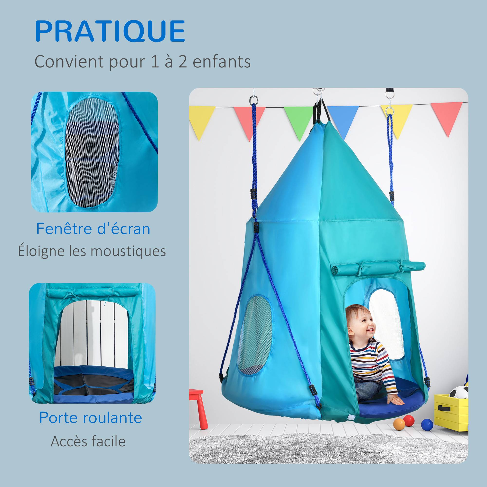 Outsunny - Balançoire nid d'oiseau ronde balançoire panier Ø 1,1 x 1,5H m - tente amovible incluse - accessoires inclus bleu - Outsunny - Imagen 5