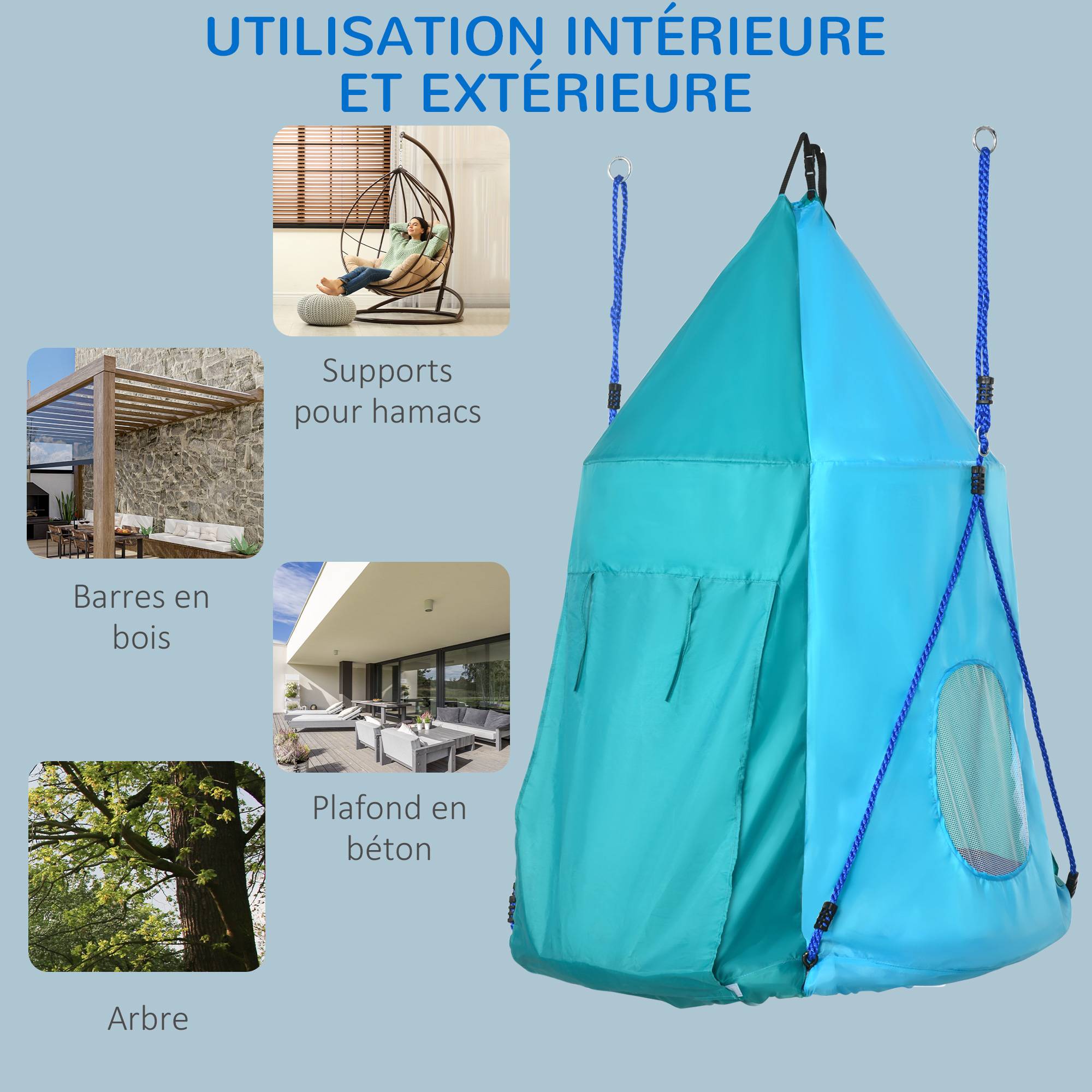 Outsunny - Balançoire nid d'oiseau ronde balançoire panier Ø 1,1 x 1,5H m - tente amovible incluse - accessoires inclus bleu - Outsunny - Imagen 7