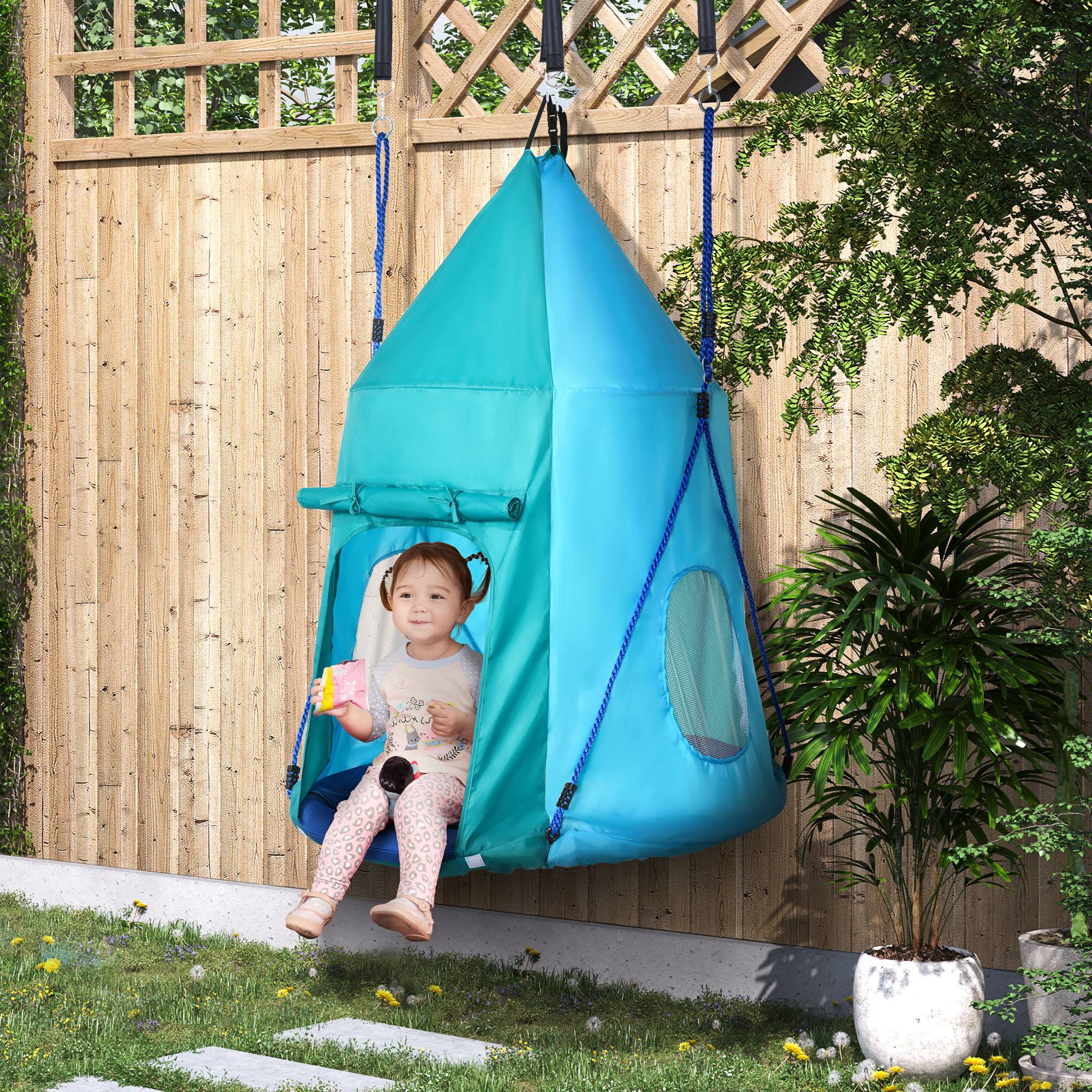 Outsunny - Balançoire nid d'oiseau ronde balançoire panier Ø 1,1 x 1,5H m - tente amovible incluse - accessoires inclus bleu - Outsunny - Imagen 2