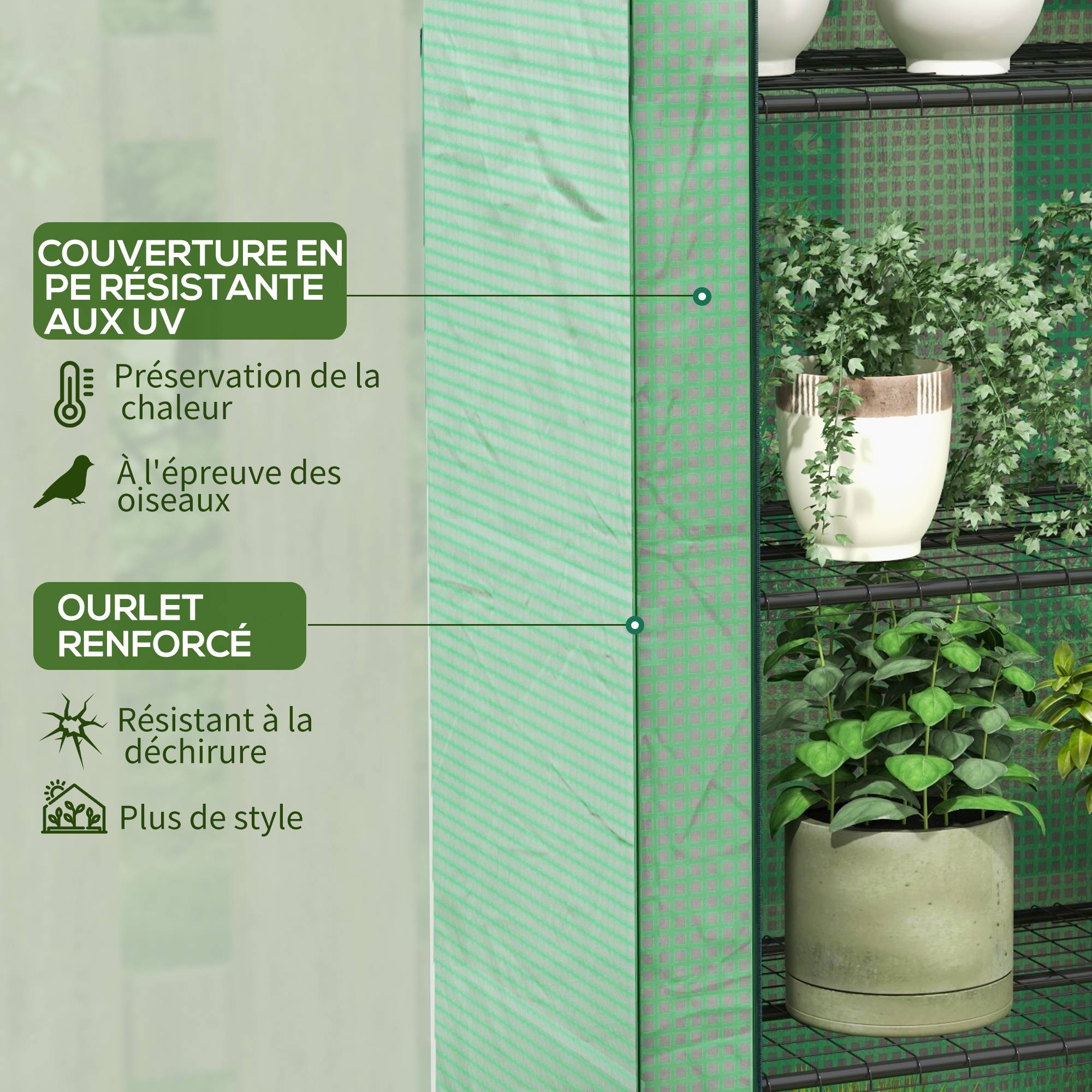 Outsunny - Serre de balcon 120x50x170cm avec 4 étagères, bâche renforcée 135g/m², porte zippée enroulable pour plantes, châssis acier vert - Outsunny - Image 6