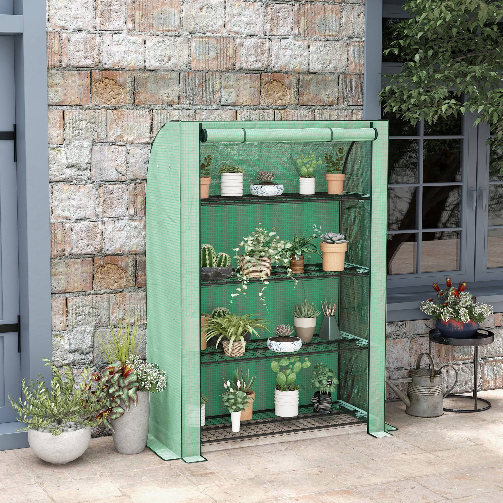 Outsunny - Serre de balcon 120x50x170cm avec 4 étagères, bâche renforcée 135g/m², porte zippée enroulable pour plantes, châssis acier vert - Outsunny - Image 4