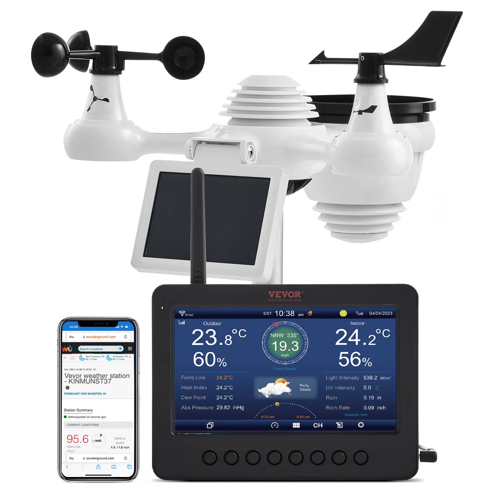 VEVOR Station Météo 7-en-1 avec Wi-Fi. Ecran TFT couleur 7. Capteur solaire.Surveille temp.humidité,vent,pluie. - Image 1
