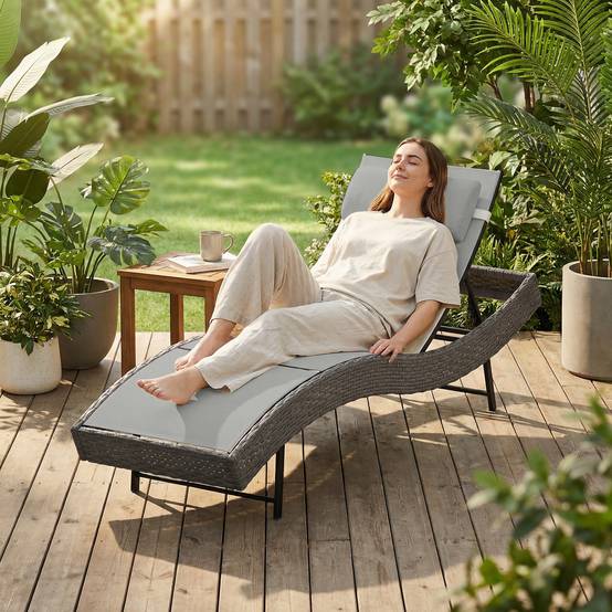 Bain de soleil transat résine tressée dossier réglable jardin piscine gris clair - ComfortXL Outdoor Living - Image 4