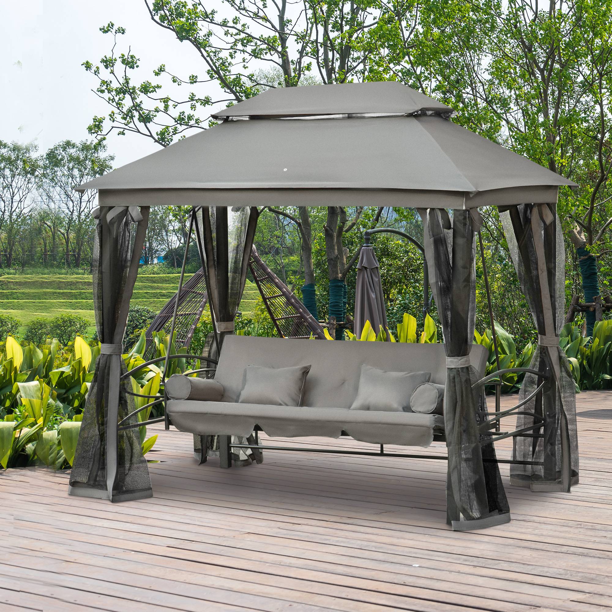 Balancelle de jardin convertible lit 3 places acier moustiquaire toit chapiteau gris - ComfortXL Outdoor Living - Image 4