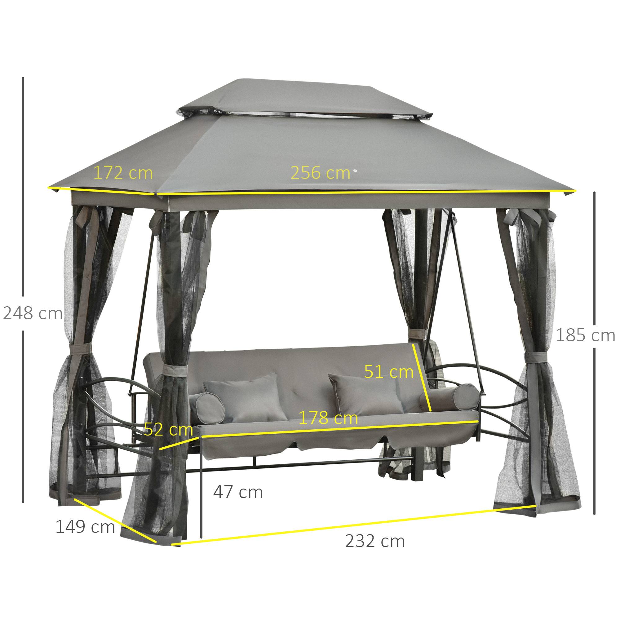 Balancelle de jardin convertible lit 3 places acier moustiquaire toit chapiteau gris - ComfortXL Outdoor Living - Image 5