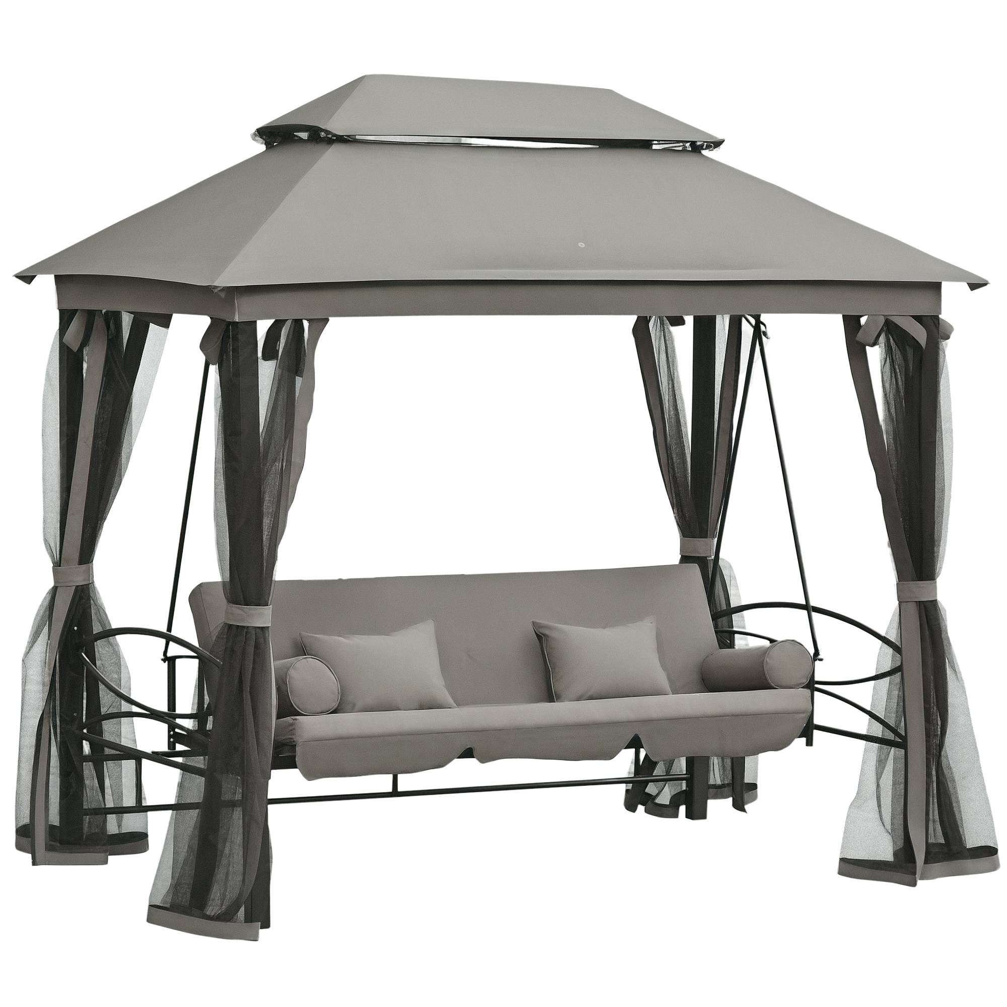 Balancelle de jardin convertible lit 3 places acier moustiquaire toit chapiteau gris - ComfortXL Outdoor Living