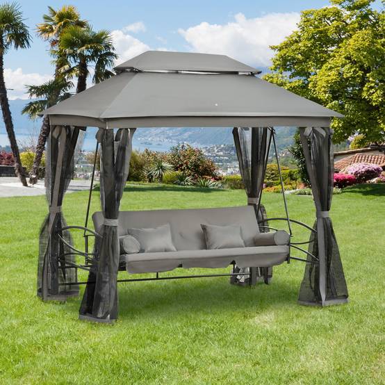Balancelle de jardin convertible lit 3 places acier moustiquaire toit chapiteau gris - ComfortXL Outdoor Living - Image 3