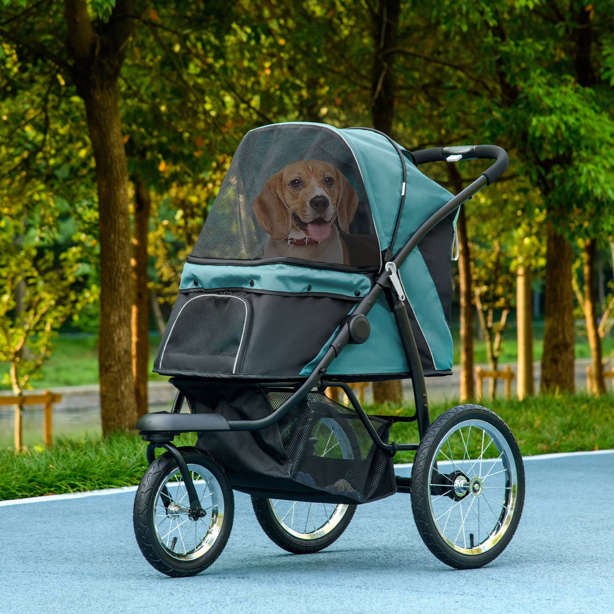 Sans Marque - Poussette Chien Pliable Tout Terrain Roue Avant Verrouillable Coussin Auvent Réglable 111x58x107cm Vert Foncé - Image 4