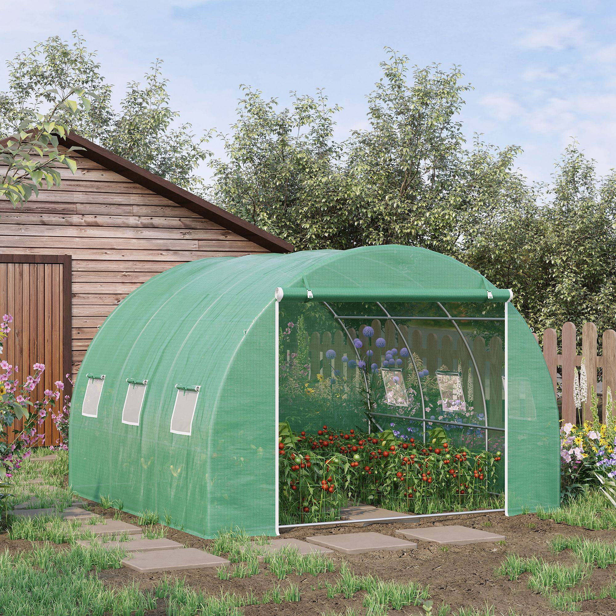 Sans Marque - Serre jardin 9m² tunnel 3x3x2m porte enroulable 6 fenêtres maille acier PE vert - Image 4