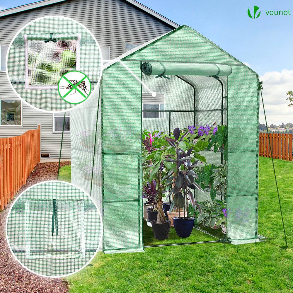 Vounot - Serre de jardin avec étagères 143x143x195cm vert - Bâche PE renforcée 135g/m² - Fenêtre moustiquaire, porte enroulable zippée - Image 2