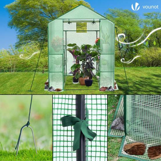 Vounot - Serre de jardin avec étagères 143x143x195cm vert - Bâche PE renforcée 135g/m² - Fenêtre moustiquaire, porte enroulable zippée - Image 7