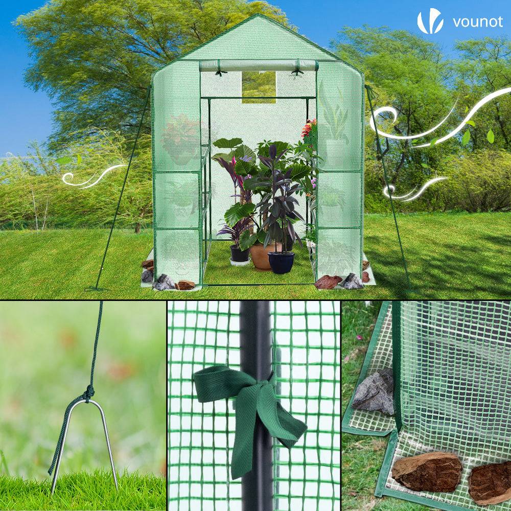 Vounot - Serre de jardin avec étagères 143x143x195cm vert - Bâche PE renforcée 135g/m² - Fenêtre moustiquaire, porte enroulable zippée - Image 7