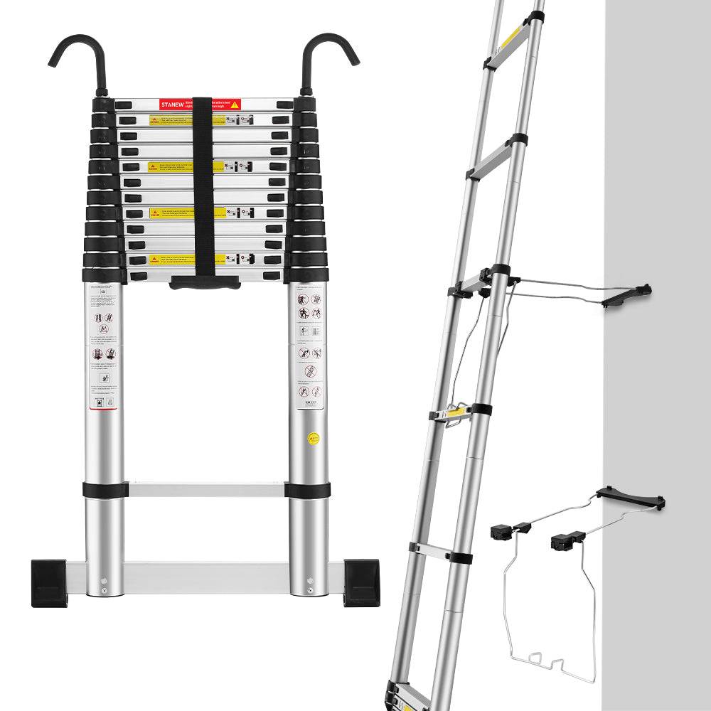 Échelle télescopique pliable de 5 m avec stabilisateur d'échelle, échelle télescopique en aluminium avec barre stabilisatrice et crochets amovibles - Image 1