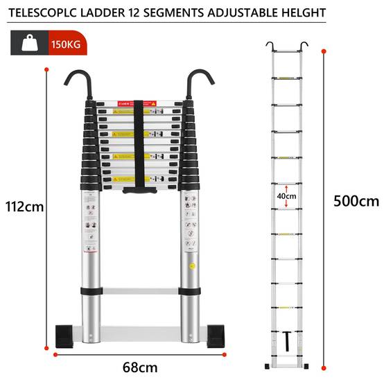 Échelle télescopique pliable de 5 m avec stabilisateur d'échelle, échelle télescopique en aluminium avec barre stabilisatrice et crochets amovibles - Image 2
