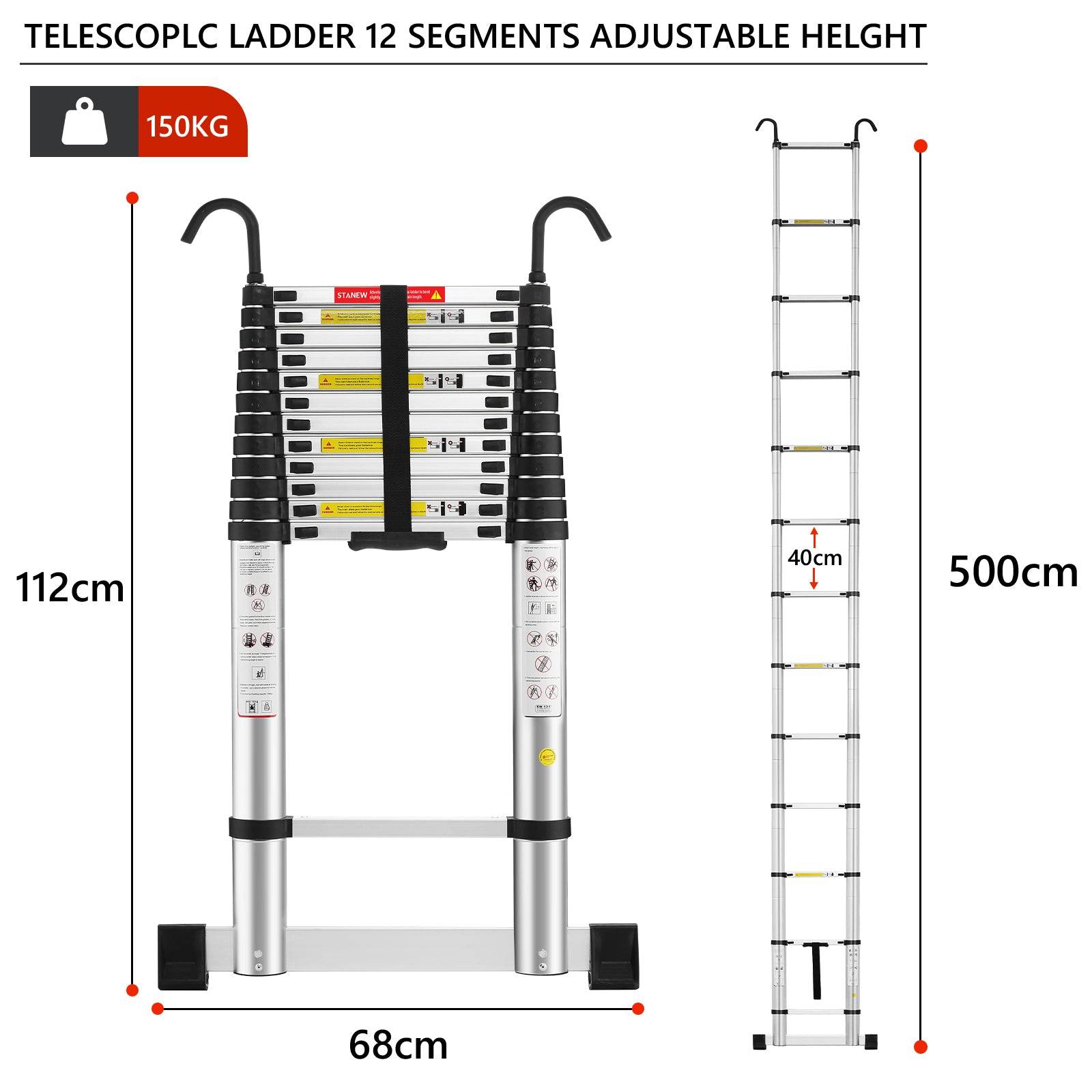 Échelle télescopique pliable de 5 m avec stabilisateur d'échelle, échelle télescopique en aluminium avec barre stabilisatrice et crochets amovibles - Image 2