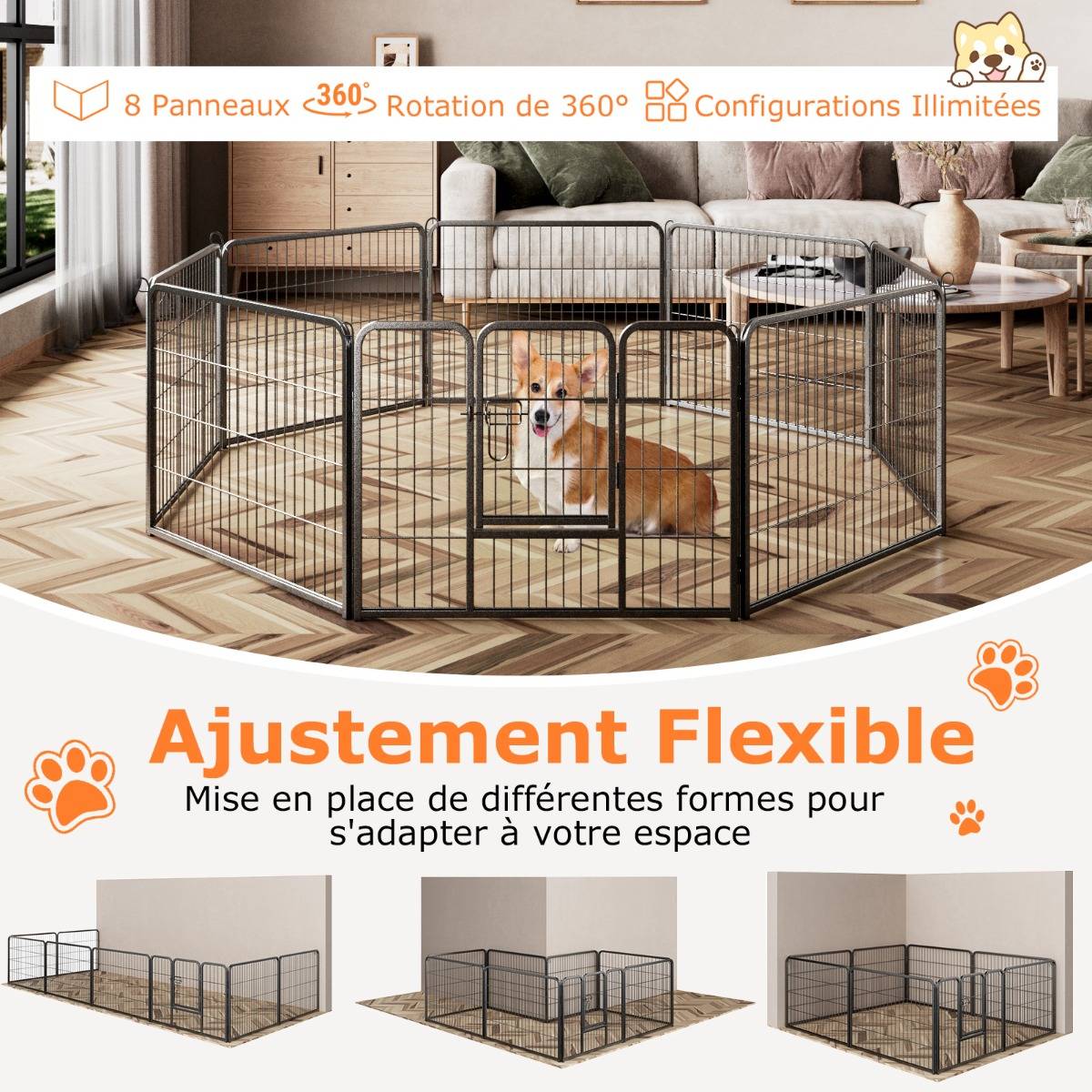 Enclos pour Chiens 8 Panneaux Hauteur de 60CM pour Chiot Animaux Parc Portable Pliable avec Porte Barrière Métallique Noir - Image 7