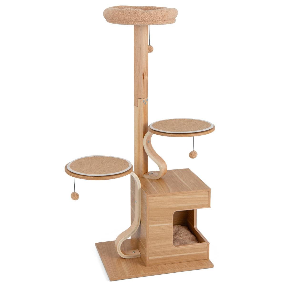 Helloshop26 - Arbre à chat en bois 129 cm condo perchoir supérieur plates-formes rondes pompons suspendus coussin amovible naturel - Imagen 1