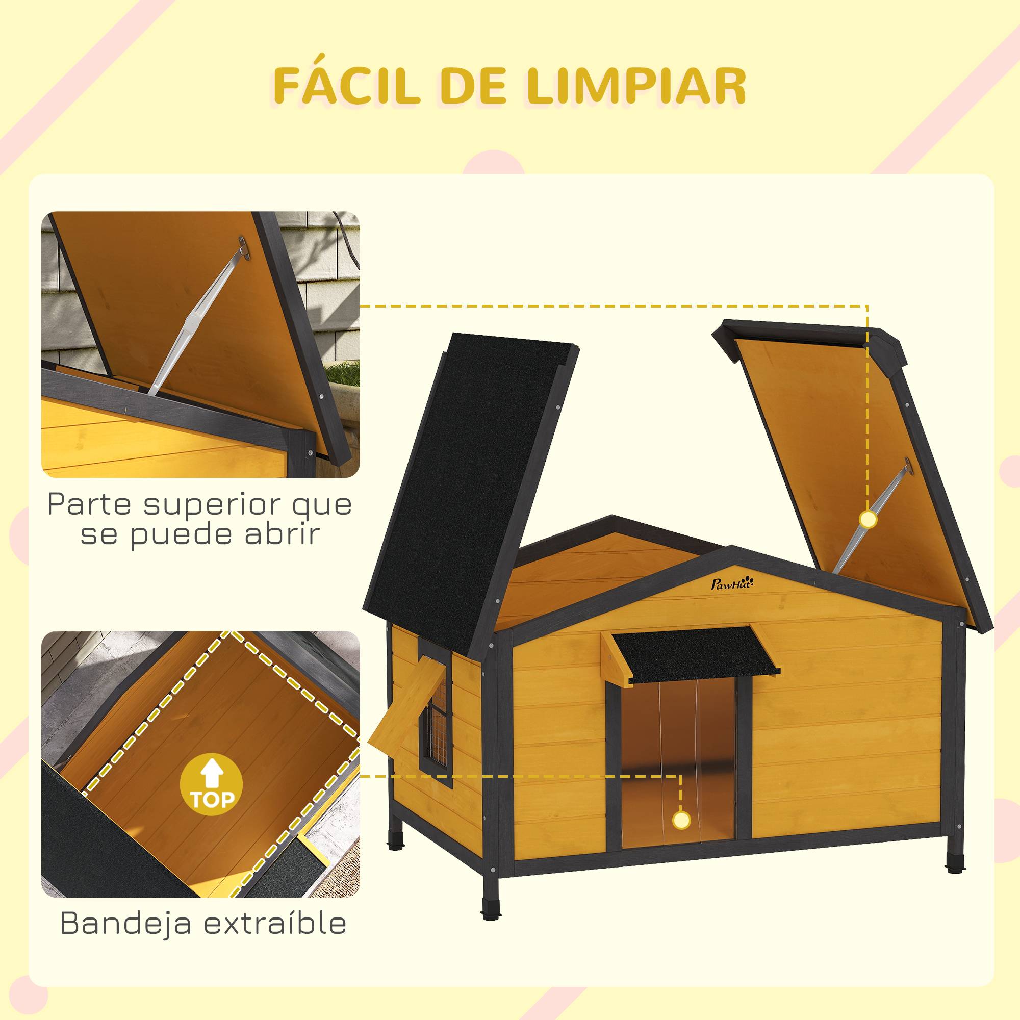 Niche d'extérieur pour chien avec toit en asphalte à charnières, fenêtres et fond amovible, 97 x 72 x 65 cm, bois naturel - Image 7
