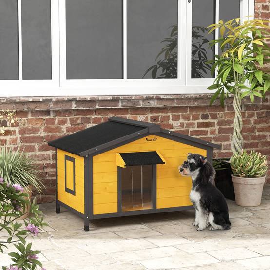 Niche d'extérieur pour chien avec toit en asphalte à charnières, fenêtres et fond amovible, 97 x 72 x 65 cm, bois naturel - Image 3