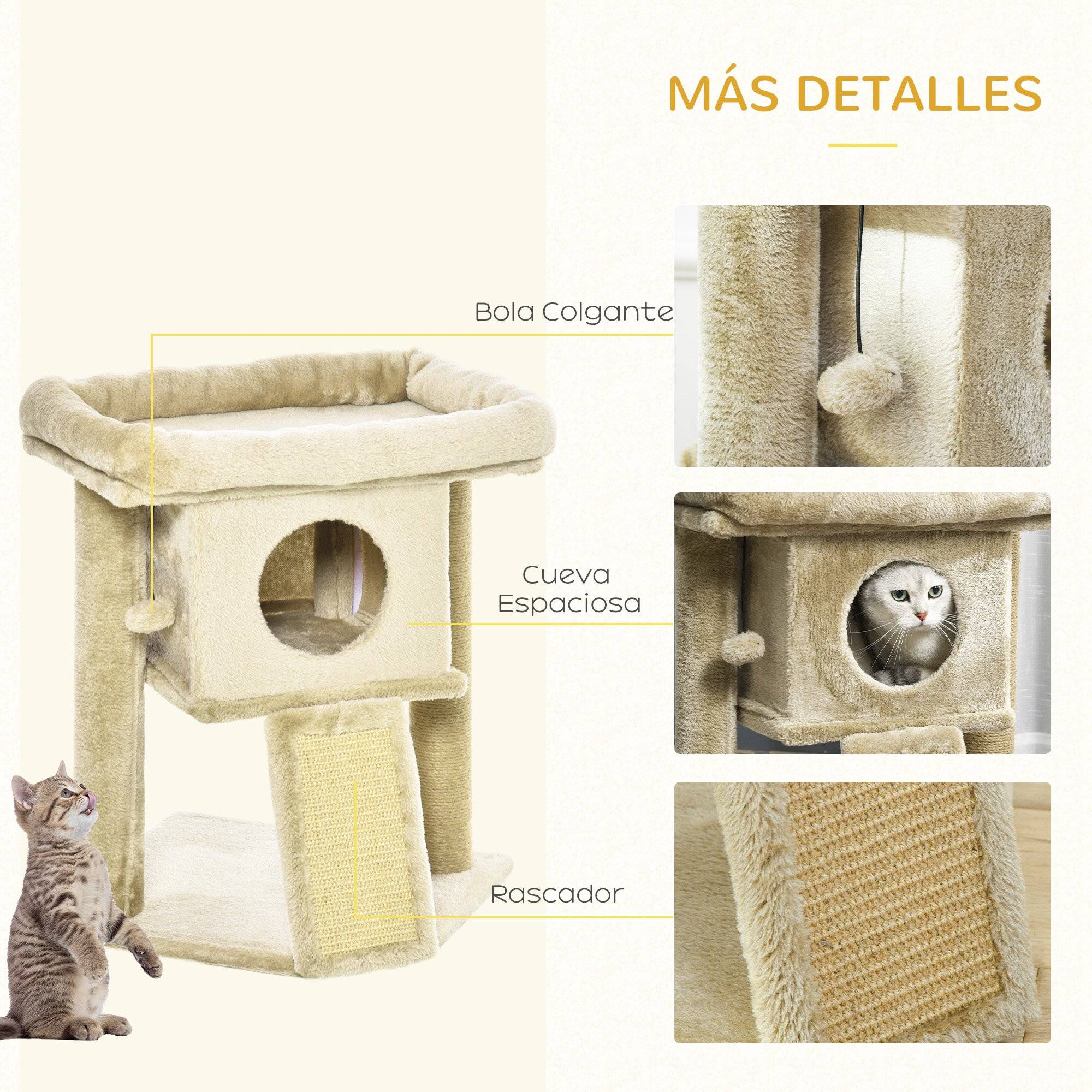 Arbre à chat de 57 cm pour petits chats avec poteau en jute, rampe à griffer, coussin et balle suspendue, 40 x 40 x 57 cm, couleur sable - Image 6