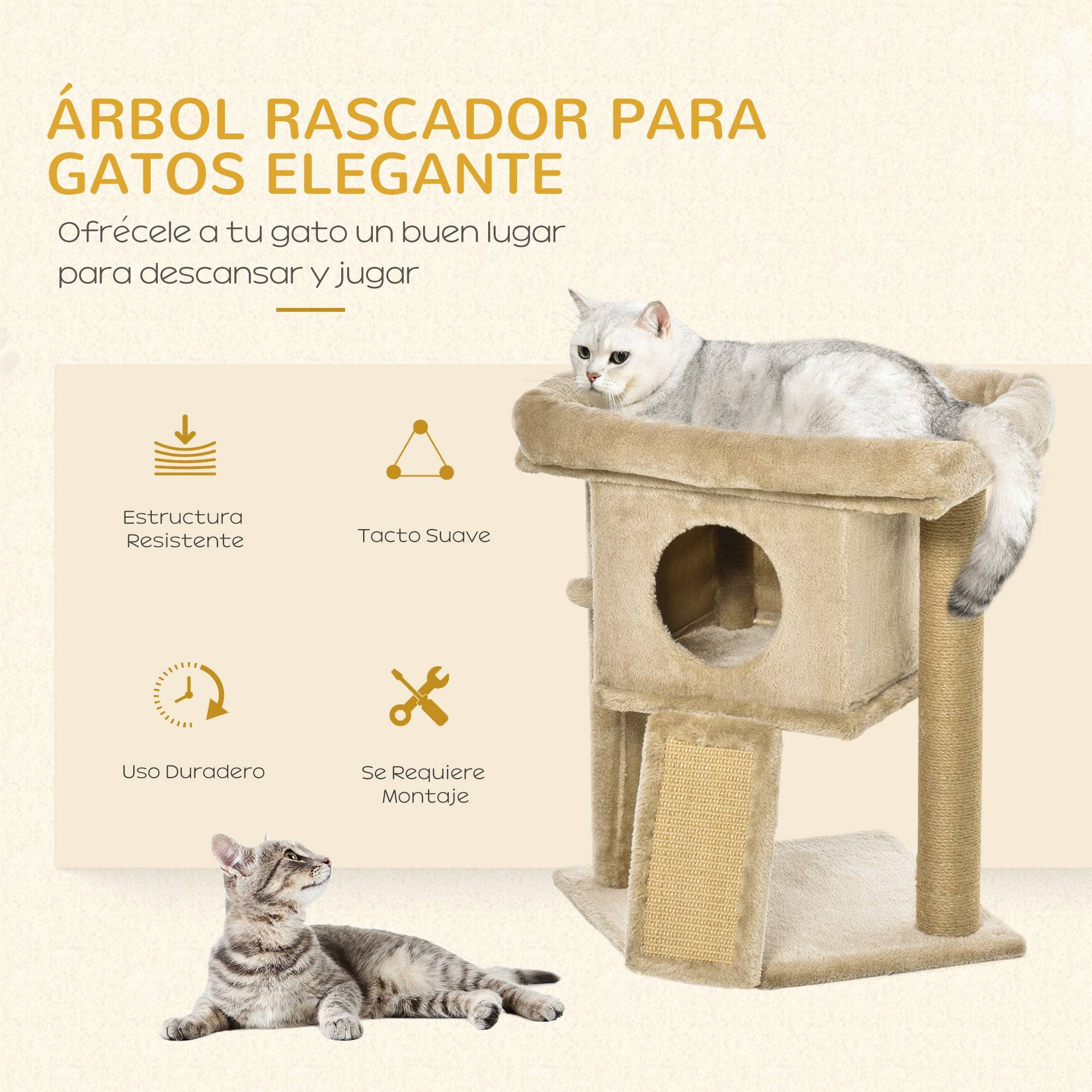 Arbre à chat de 57 cm pour petits chats avec poteau en jute, rampe à griffer, coussin et balle suspendue, 40 x 40 x 57 cm, couleur sable - Image 5