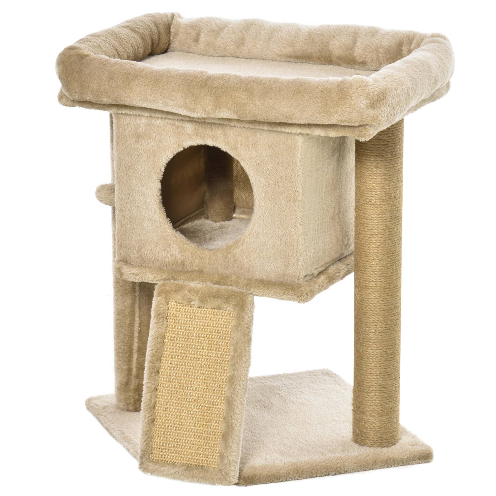 Arbre à chat de 57 cm pour petits chats avec poteau en jute, rampe à griffer, coussin et balle suspendue, 40 x 40 x 57 cm, couleur sable - Image 1