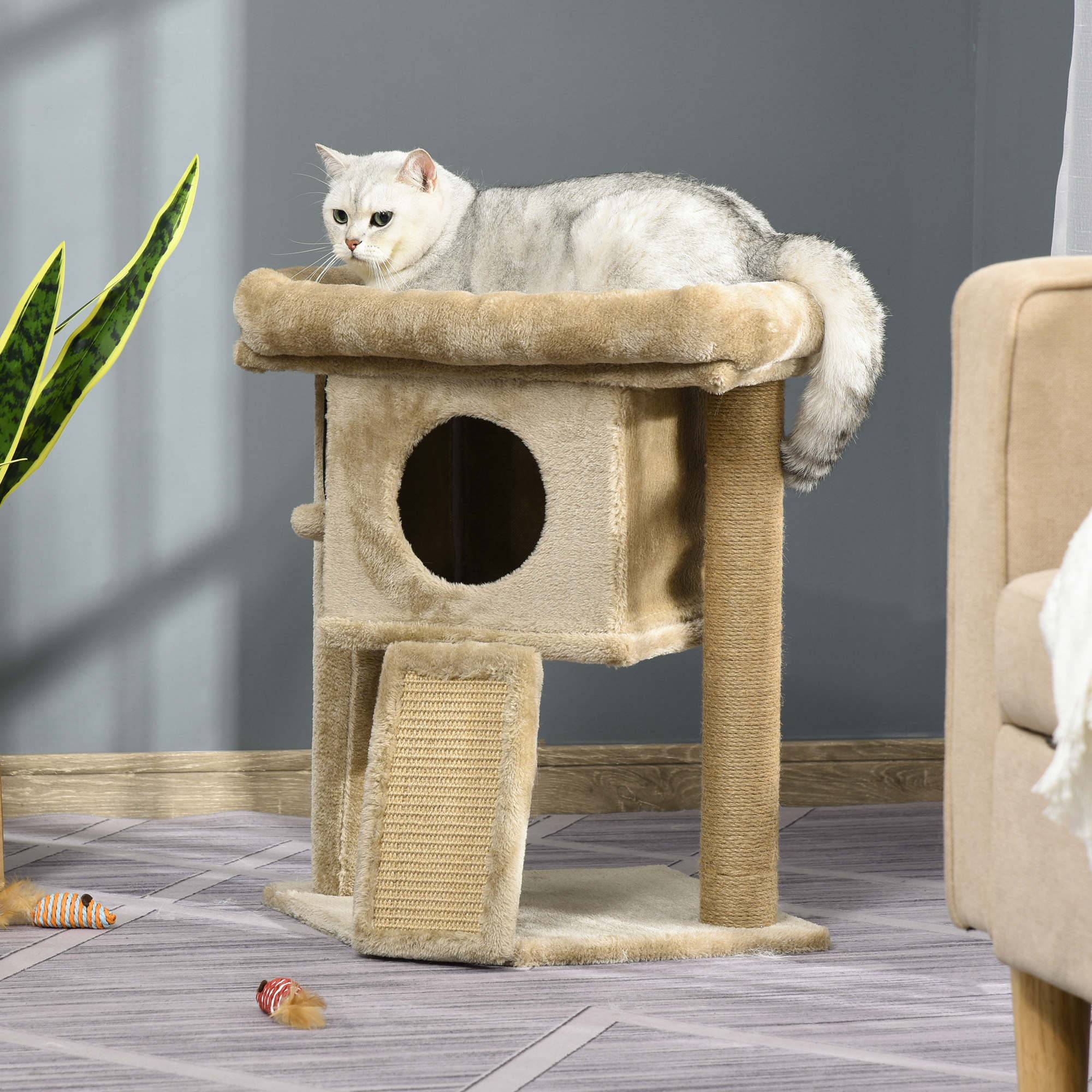 Arbre à chat de 57 cm pour petits chats avec poteau en jute, rampe à griffer, coussin et balle suspendue, 40 x 40 x 57 cm, couleur sable - Image 2