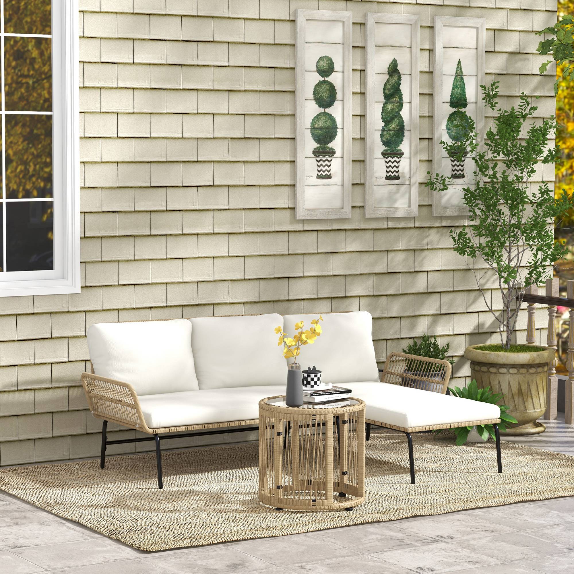 Sans Marque - Ensemble salon jardin rotin PE 122x79x75 cm naturel blanc crème - Image 4