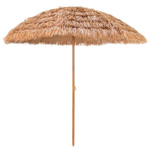 Helloshop26 - Parasol de plage en chaume PP 7 couches 243 cm de style hawaïen parasol tropical portable 8 baleines en métal bouton-pression imperméable pour cour b - Imagen 1