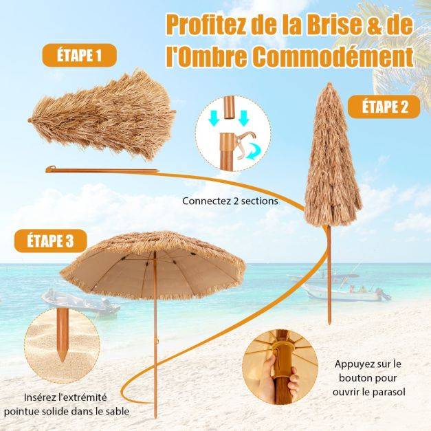 Helloshop26 - Parasol de plage en chaume PP 7 couches 243 cm de style hawaïen parasol tropical portable 8 baleines en métal bouton-pression imperméable pour cour b - Imagen 3