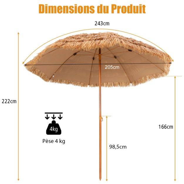 Helloshop26 - Parasol de plage en chaume PP 7 couches 243 cm de style hawaïen parasol tropical portable 8 baleines en métal bouton-pression imperméable pour cour b - Imagen 4