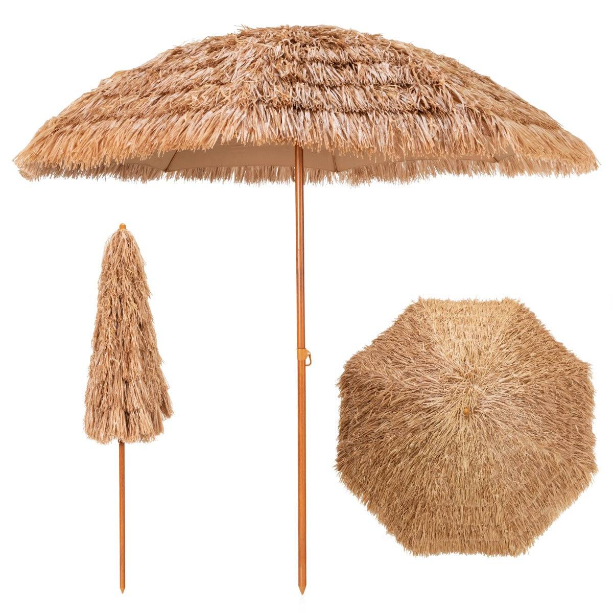 Helloshop26 - Parasol de plage en chaume PP 7 couches 243 cm de style hawaïen parasol tropical portable 8 baleines en métal bouton-pression imperméable pour cour b - Imagen 2