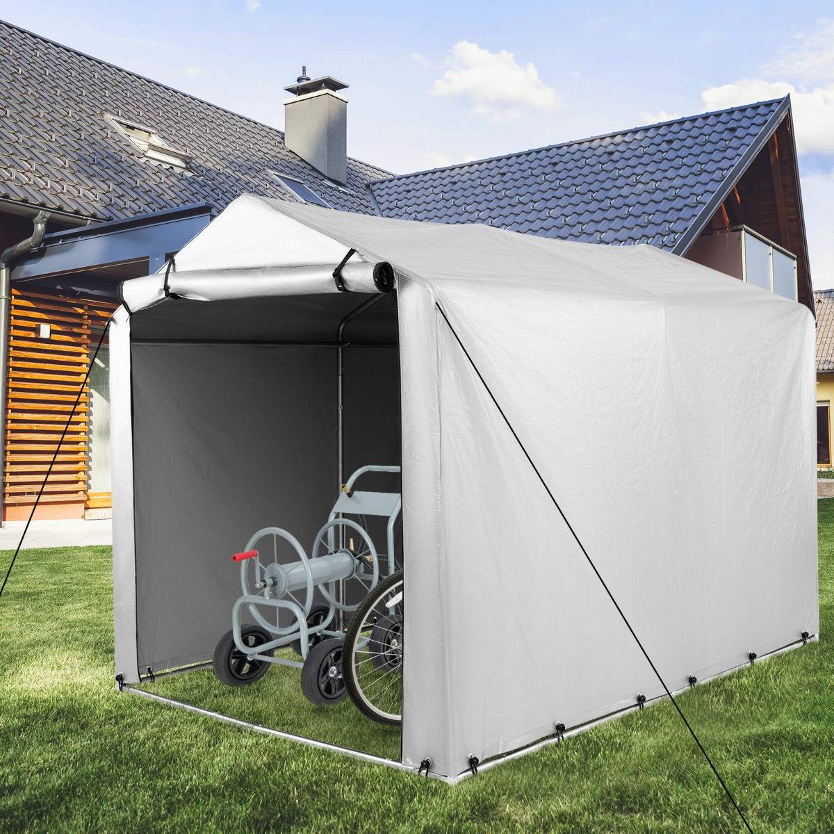 Abri de Vélos Abri de Garage Portable avec Porte à Fermeture Éclair Enroulable Bache Motos Gris - Image 3