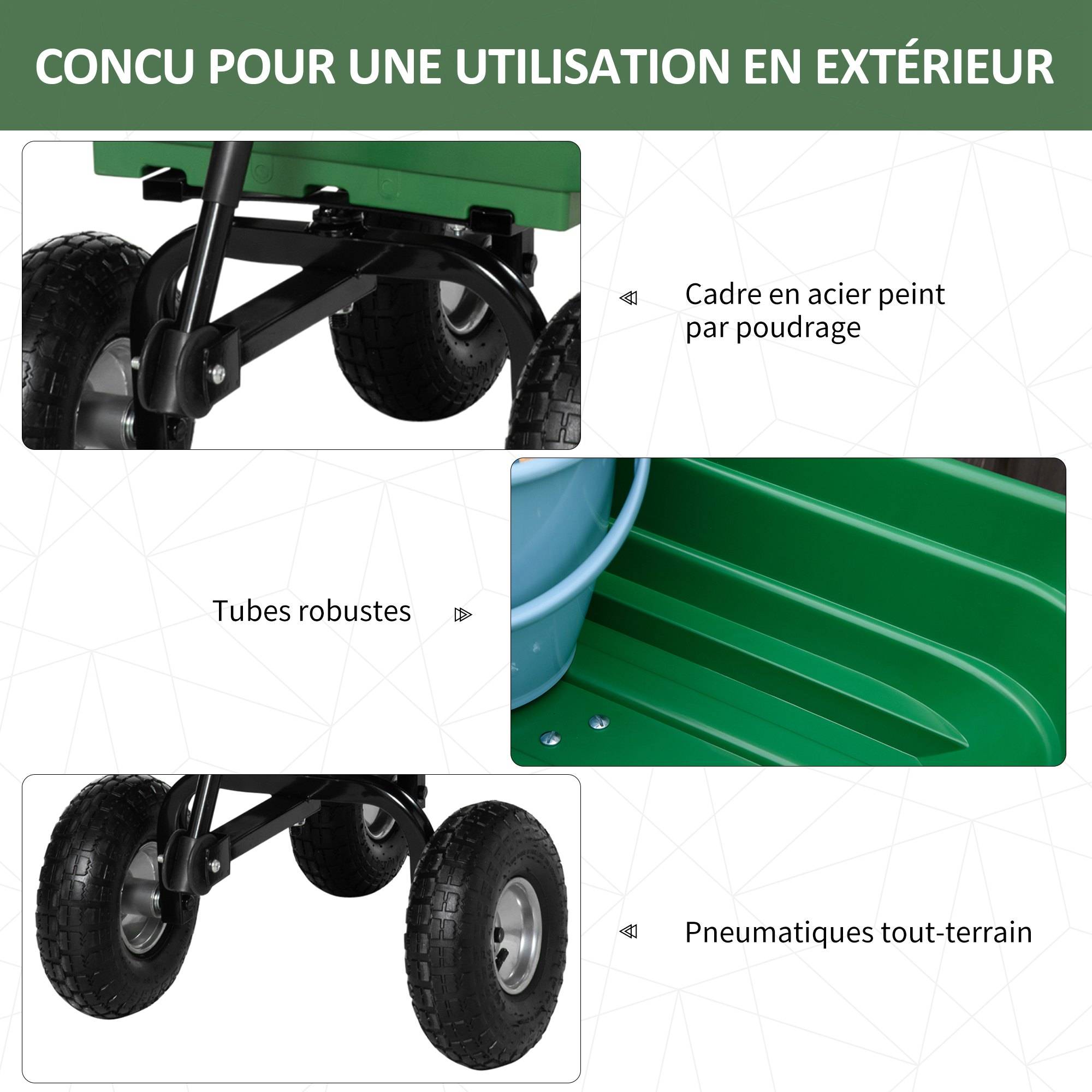 Sans Marque - Chariot de Jardin 100L Charge 250 kg, 4 Roues pneumatiques Remorque à Main pour Extérieur 108 x 52 x 100 cm Acier vert - Image 8